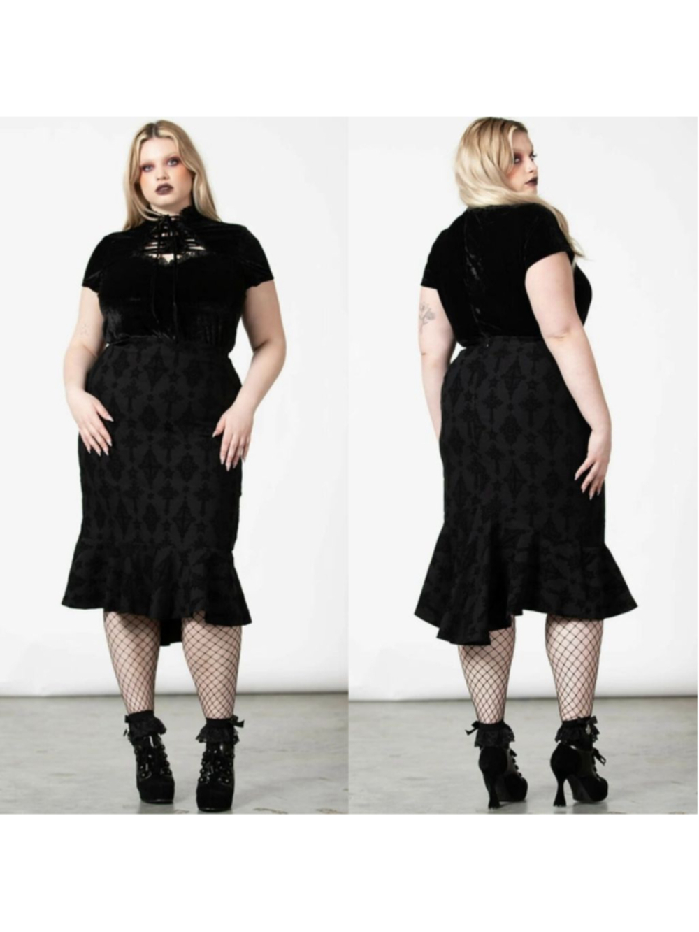 KILLSTAR Candence Flocked Velvet Midi Skirt Black Whimsigoth Dark Romantic Vamp